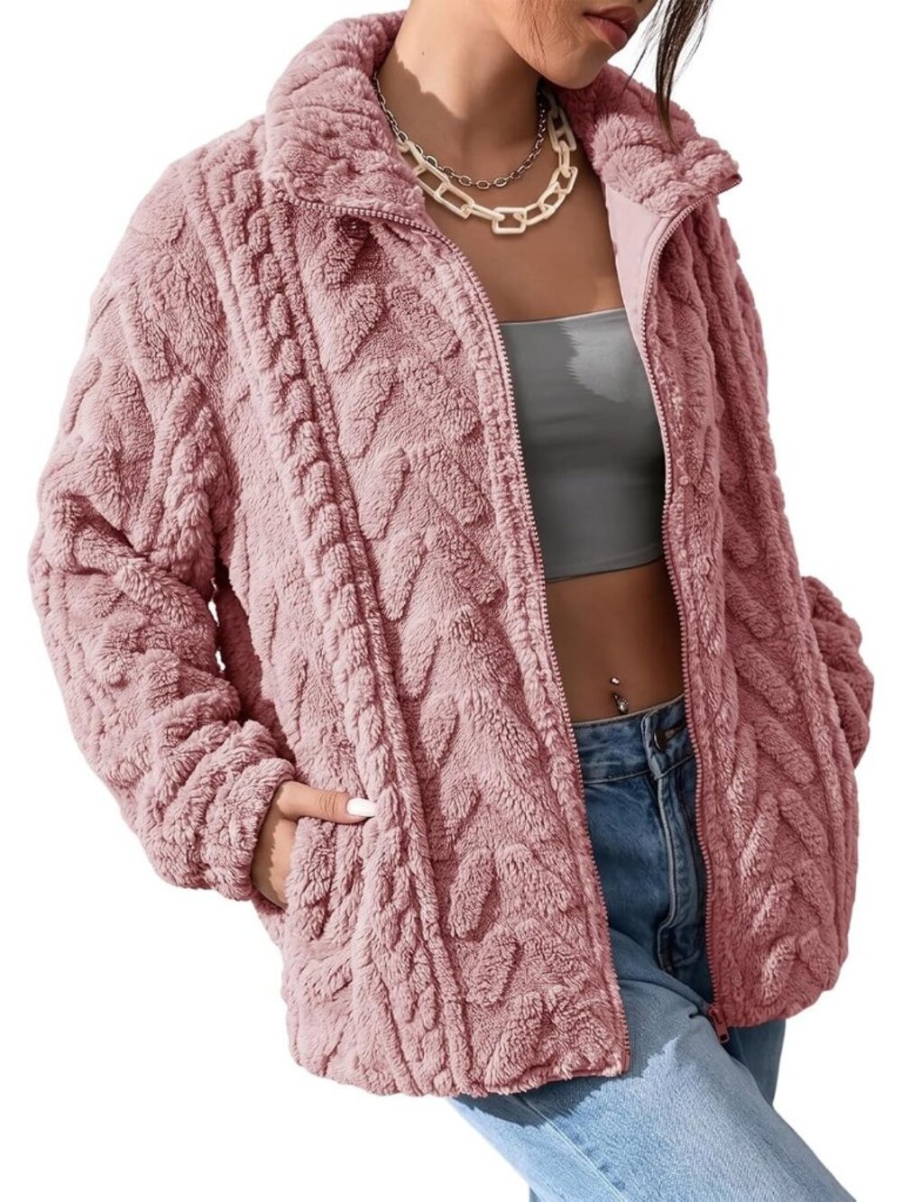 Women's Pink Sherpa Fabric Casual Coat Loose Fit Zipper Front Fleece Jacket